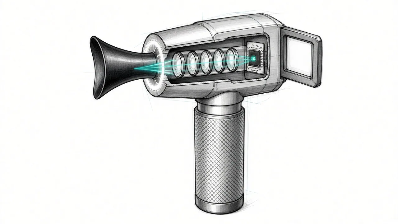 Sketch of a clinical otoscope cutaway showing five lenses and a sensor.