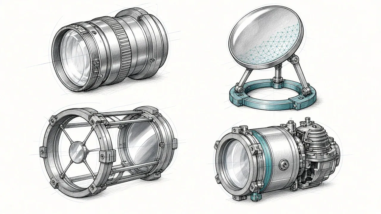 Sketch of four optomechanical assemblies, a lens barrel, a mirror on bipod flexures, a Cassegrain telescope, and a camera dewar.