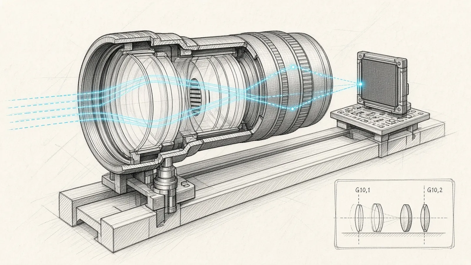 Sketch of a Double Gauss lens cutaway on an optical bench with a cyan ghost ray path toward a sensor.