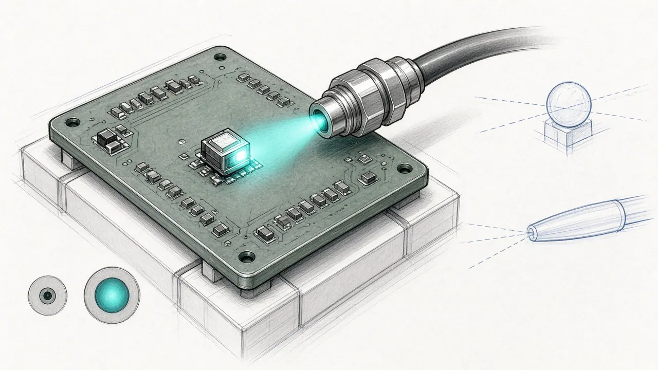 Sketch of an LED on a circuit board coupling into an SMA fiber connector, with a ball-lens concept, a taper concept, and a comparison of two fiber sizes.