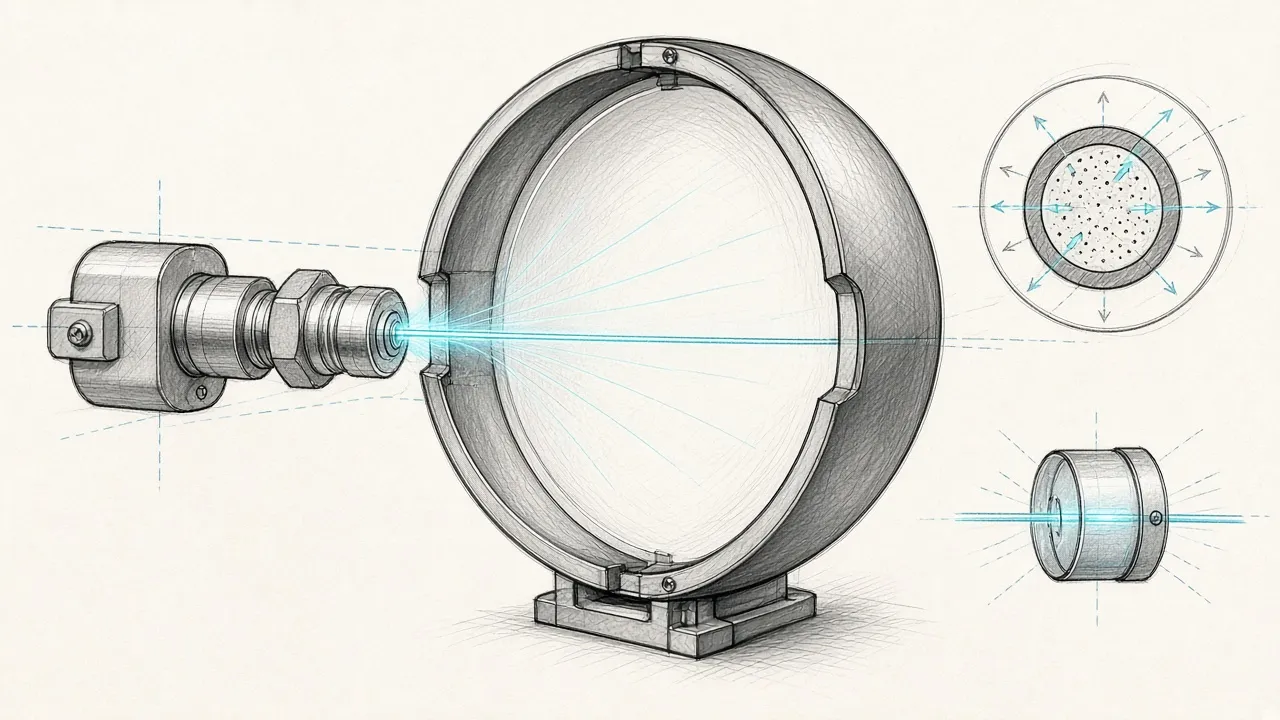 Sketch of a side-glowing fiber inside a detector sphere, with an energy balance of launched light, side emission, and end light.
