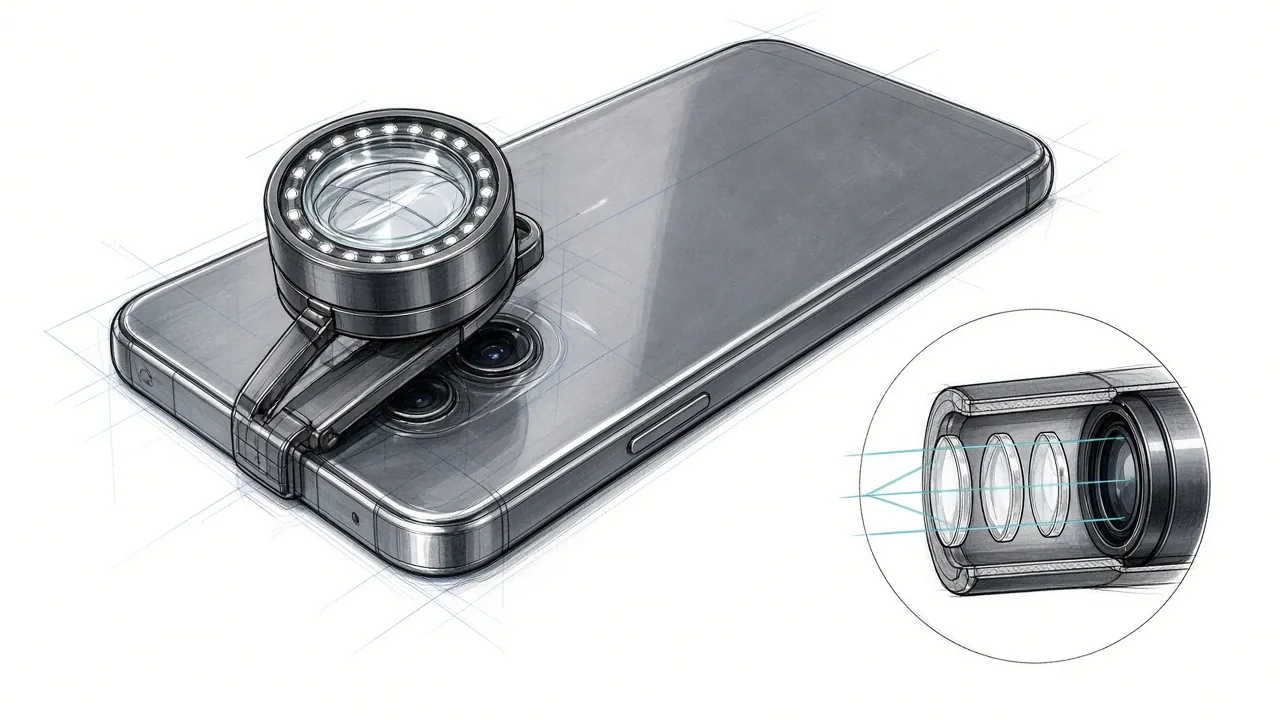Sketch of a smartphone with a clip-on dermatoscope over the rear camera and an LED ring, plus an inset of three lenses in series.