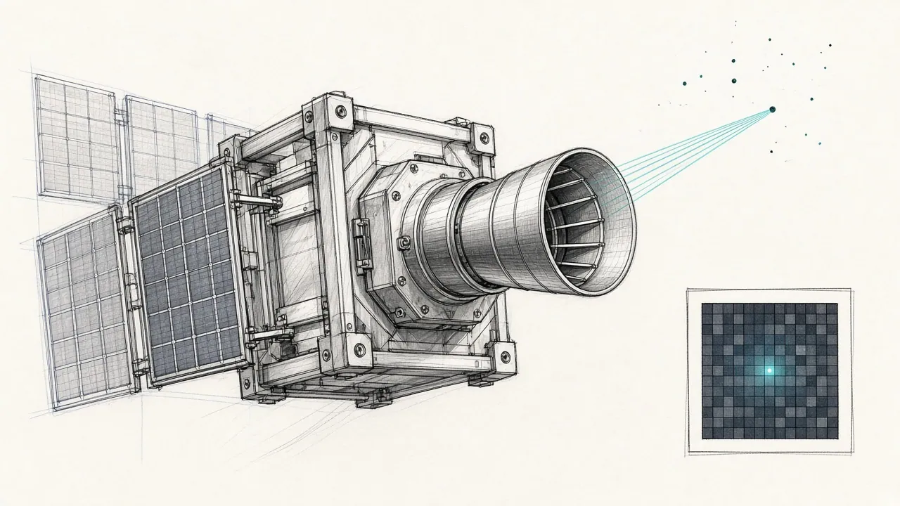 Sketch of a small satellite with a baffled star tracker, plus an inset of a star image on a pixel grid.